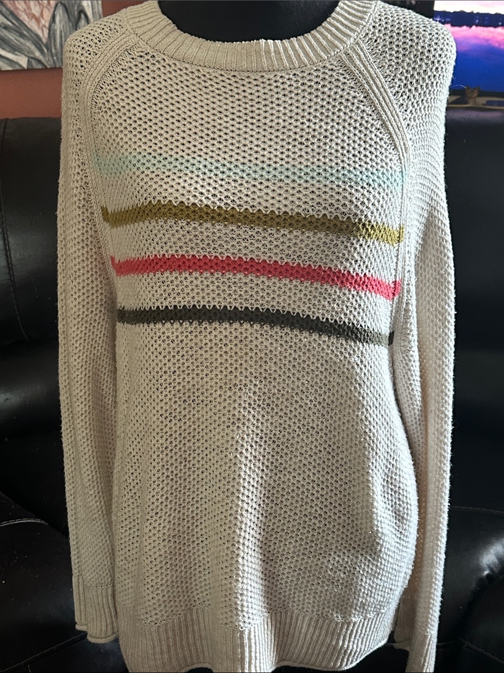 Sonoma Cream Knit Crewneck Sweater with Multicolor Stripes